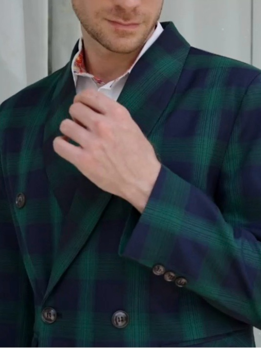 Double-Breasted Green & Black Plaid Blazer - Men - Picture 2 of 13